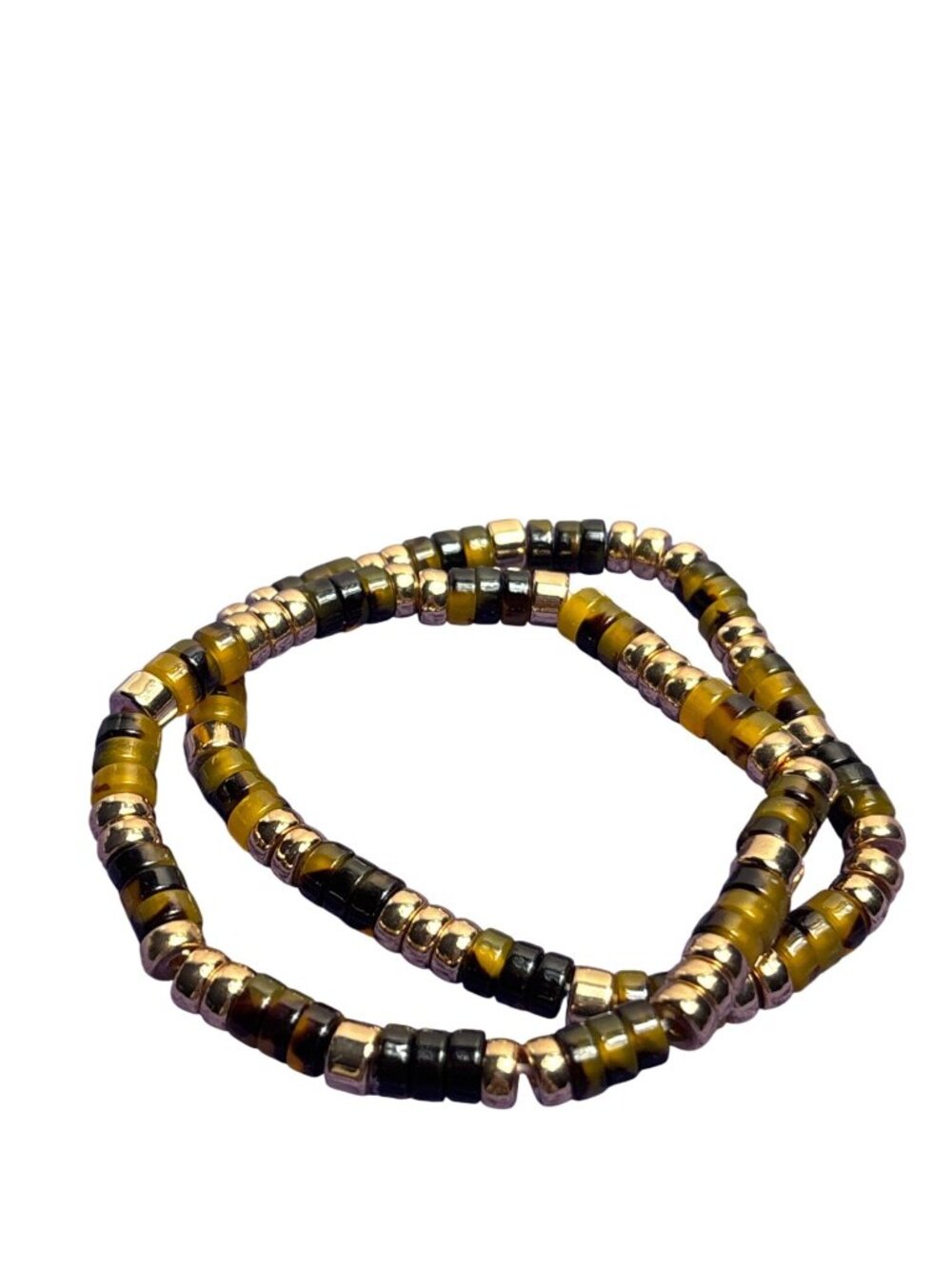 Set of 2 Plastic Faux Tortoiseshell Goldtone Beaded Stretchy Bracelets